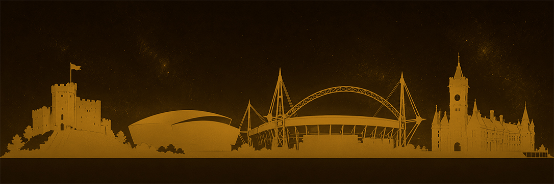 Cardiff skyline silhouette — Cardiff Castle, Wales Millennium Centre, Principality Stadium, Pierhead clock