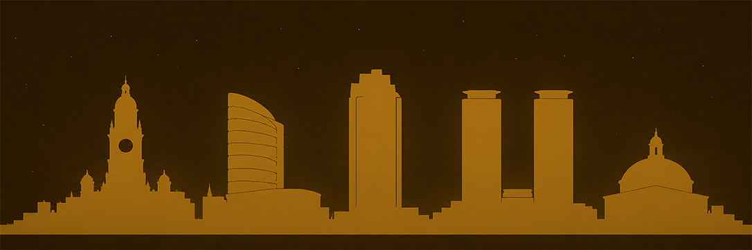 Leeds skyline silhouette — Town Hall clock tower, Bridgewater Place, Civic Hall, Corn Exchange