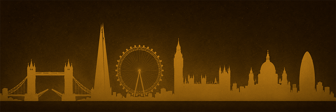 London skyline silhouette — Tower Bridge, the Shard, London Eye, Big Ben, St Pauls, the Gherkin